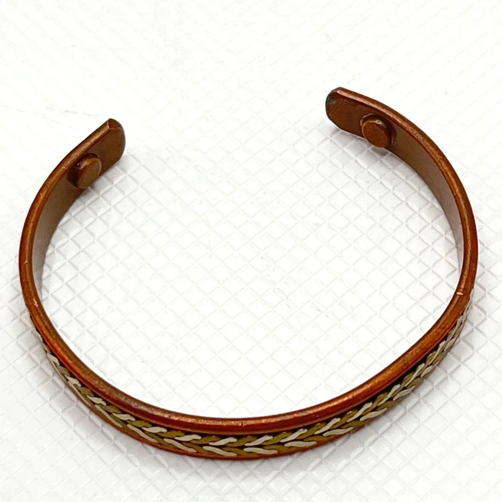 Vintage Copper Tri-Tone Braided Rope Cuff Bracelet w/ Gold and Silver Tone